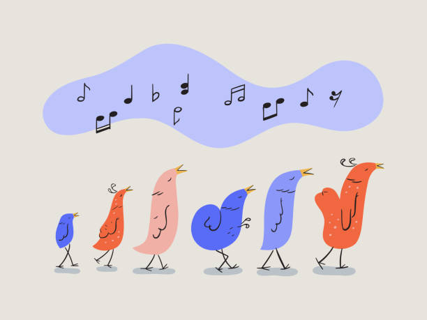 ilustraciones, imágenes clip art, dibujos animados e iconos de stock de ilustración de lindos pájaros de dibujos animados cantando - cute bird