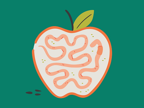 Illustration of apple with worm inside