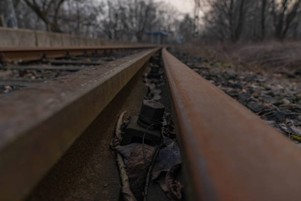 istock Old abandoned train station with rusty railroad tracks 1309999065