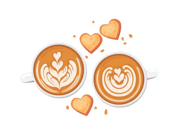 Vector illustration of Cute greeting card of cappuccino cups and cookies. Valentine day concept. Cartoon vector illustration. Flat design. Top view.