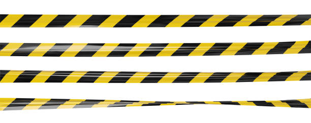 realistyczna taśma kryminalna wektorowa z czarnymi i żółtymi paskami. wstążka ostrzegawsza. - safety yellow road striped stock illustrations