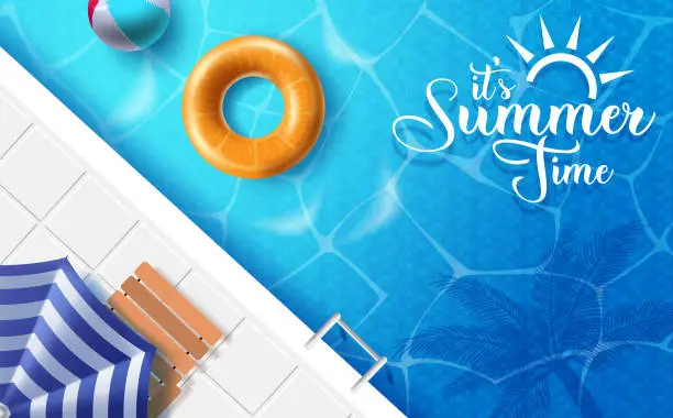 Vector illustration of It's summer time vector banner design. It's summer time text in swimming pool background with umbrella, chair, beach ball and floater elements for fun, relax and enjoy vacation.