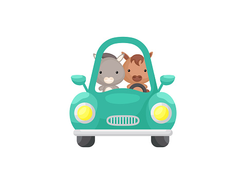 Cute little donkey and horse driving emerald car. Cartoon character for childrens book, album, baby shower, greeting card, party invitation, house interior. Vector stock illustration.