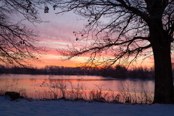 Sunrise over Pond at Walnut Woods stock photo