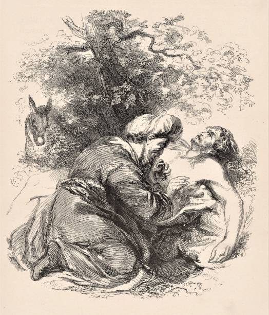 Parable of Good Samaritan, Bible A man helps an injured man on the ground. Jesus taught the parable to illustrate that all men are neighbors and should extend mercy. Bible theology. Christianity. Illustration published 1879. Source: Original edition is from my own archives. Copyright has expired and is in Public Domain. kneelers stock illustrations