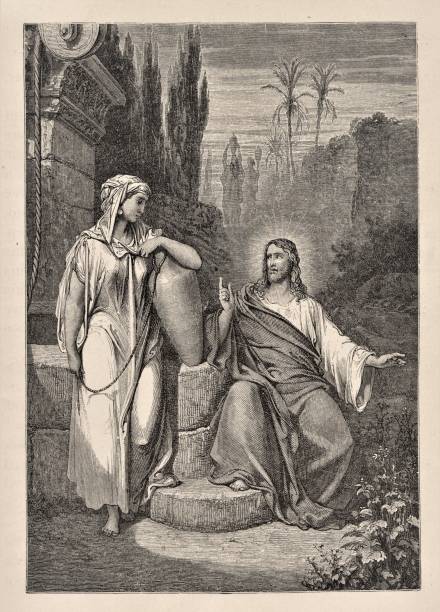 Jesus Forgives Woman at the Well, Bible Theology Jesus Christ forgives the adulterous woman at the well. Bible theology. Christianity. Illustration published 1879. Source: Original edition is from my own archives. Copyright has expired and is in Public Domain. old water well drawing stock illustrations