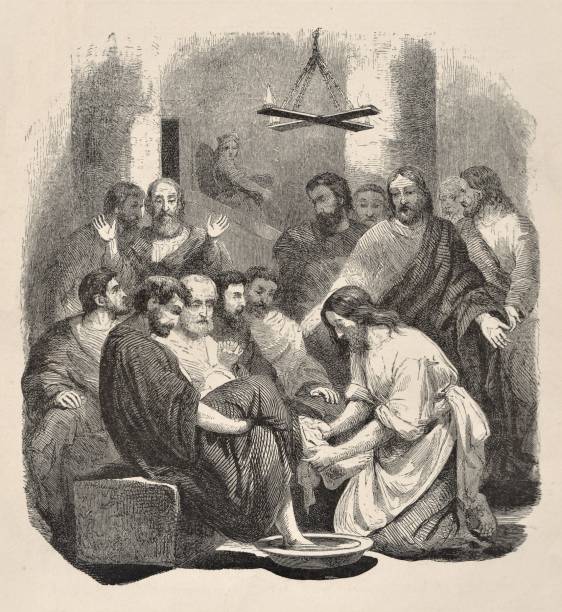 ilustrações de stock, clip art, desenhos animados e ícones de jesus washes apostles feet at last supper, bible theology - water jug humility apostle