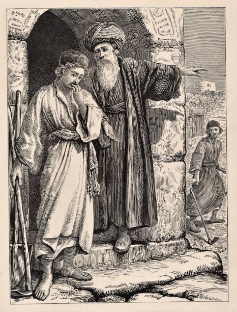 Parable of Two Sons & Father's Vineyard, Bible theology Jesus told a parable about  one son who refused to work in his father's vineyard, but changed his mind and worked. The second son said he would work, but didn't. Bible theology. Christianity. Illustration published 1879. Source: Original edition is from my own archives. Copyright has expired and is in Public Domain. farmer son stock illustrations