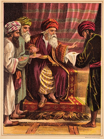 A rich man gave servants different amounts to invest. He rewarded those who invested wisely and took away from the servant who hid the money, thinking his master was cruel. Color image. Bible theology. Christianity. Illustration published 1879. Source: Original edition is from my own archives. Copyright has expired and is in Public Domain.