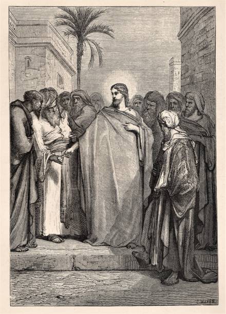 Jesus Teaches to Pay Taxes, Bible theology. Jesus Christ says, "Render unto Caesar what is Caesars," referring to the picture on a coin. The person asked Jesus if he should pay his taxes. Bible theology. Christianity. Illustration published 1879. Source: Original edition is from my own archives. Copyright has expired and is in Public Domain. Worshipper stock illustrations