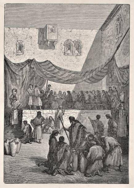 Jesus' First Miracle at Cana Wedding, Bible Theology Jesus turned water into wine, his first miracle , at a marriage banquet in Cana. Bible theology. Christianity. Illustration published 1879. Source: Original edition is from my own archives. Copyright has expired and is in Public Domain. wedding feast stock illustrations