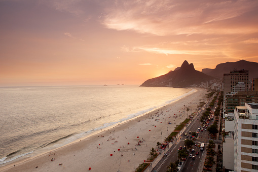 View towards Dois Irmaos mountain from Ipanema Beach in Rio de Janeiro, Brazil.