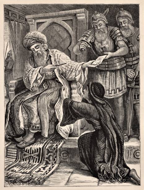 Parable of Persistent Widow Begging Unjust Judge, Bible Theology An unjust judge finally grants a persistent widow her request because she wears him down. Jesus said we should pray persistently. Bible theology. Christianity. Illustration published 1879. Source: Original edition is from my own archives. Copyright has expired and is in Public Domain. allegory painting stock illustrations