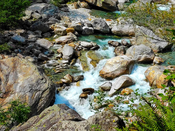 view on the verzasca river in frasco, ticino - riverbed switzerland valley stone imagens e fotografias de stock