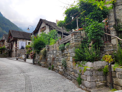 Picturesque street in the village of Sonogno, Ticino, Switzerland
