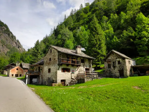 Houses of the village Mogno in the Val Lavizzara, Switzerland