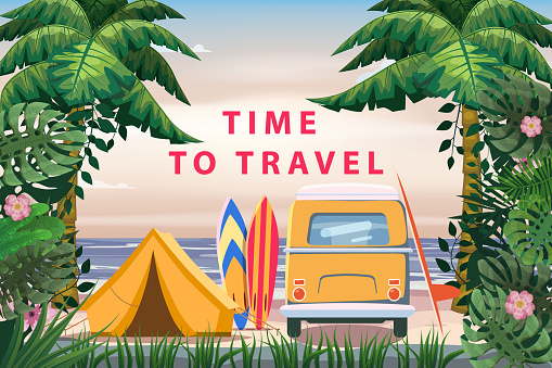 Time to travel. Tourist tent camping on the tropical beach, van, surfboards, palms. Summer vacation coastline beach sea, ocean, surfing, travel. Vector poster banner, illustration