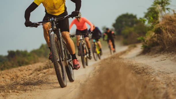 Group of Asian cyclists, they cycle through rural and forest roads. stock photo