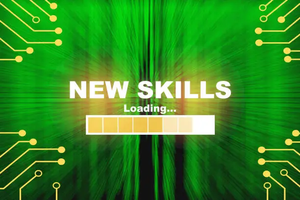Photo of New skills loading on pattern of green binary code decimal motion blur