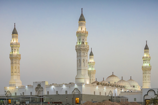 The historic Quba Mosque in Medina Saudi Arabia at night. It was founded in the 7th century.