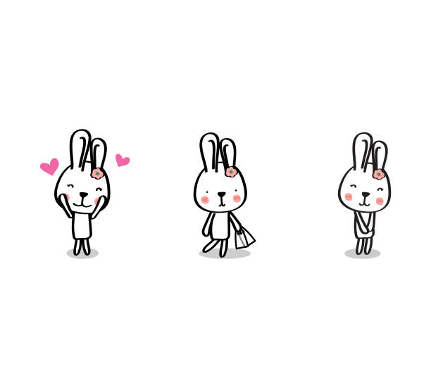 illustrazioni stock, clip art, cartoni animati e icone di tendenza di carino coniglietto bianco pasquale. collezione vettoriale di cartoni animati rabbit. carino set di personaggi dei cartoni animati di rabbit. - pet