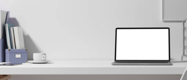 istock 3D rendering, workspace with laptop, cup, office supplies, decorations and copy space in offie room, clipping path 1310025805