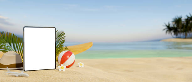 istock 3D rendering, mock-up digital tablet on sand at beautiful beach background 1310026370