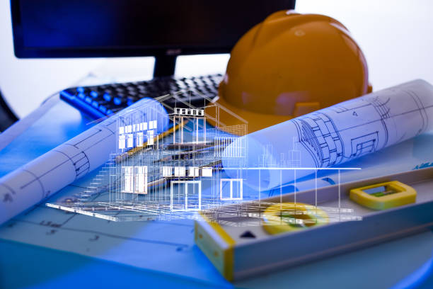 istock Architectural design and project blueprints drawings with 3d home exterior. 1310027991