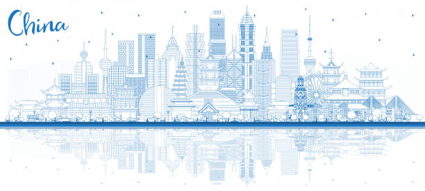 Outline China City Skyline with Blue Buildings and Reflections. Famous Landmarks in China. Outline China City Skyline with Blue Buildings and Reflections. Famous Landmarks in China. Vector Illustration. Travel and Tourism Concept with Modern Architecture. China Cityscape with Landmarks. shenyang stock illustrations