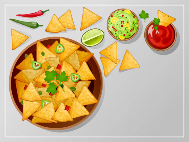 Bowl with nachos, salsa, guacamole or ranch sauces Bowl with nachos, salsa, guacamole and ranch sauces top view. Traditional Mexican food tortilla chips with dressing, lime slice and jalapeno hot chili peppers on table. Cartoon vector illustration nacho chip stock illustrations