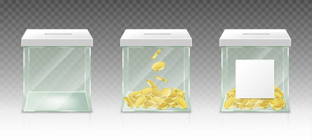 szklana skrzynka na pieniądze na wskazówki, oszczędności lub darowizny - coin box stock illustrations