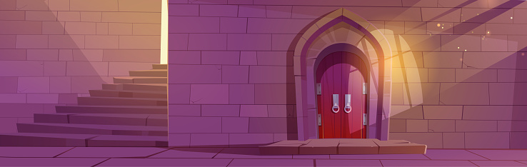 Medieval dungeon or castle interior with wooden arched door, stone stairs and brick wall, entry to palace with sunlight fall through barred window. Fairytale building, Cartoon vector illustration