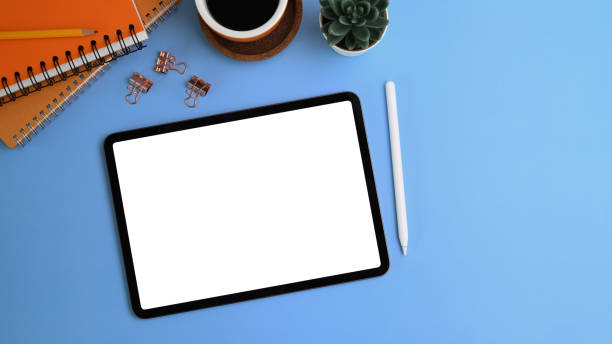 istock Mock up digital tablet, stylus pen, succulent plants, coffee cup and notebook on blue background. 1310037310