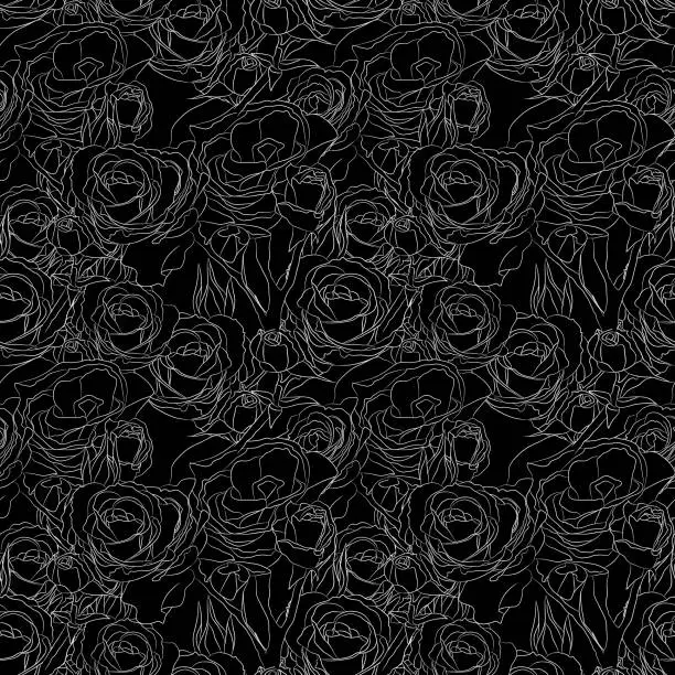 Vector illustration of Seamless pattern with white contours of rose flowers on black background