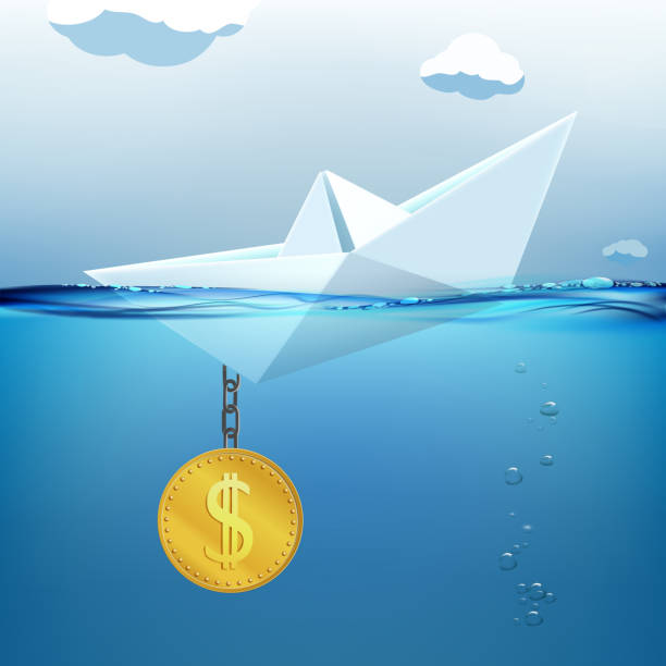 Paper boat with a dollar instead of an anchor is sinking in water. Paper boat with a dollar instead of an anchor is sinking in water. Crisis in the economy and business. Vector illustration. sinking boat stock illustrations