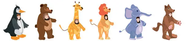 Vector illustration of Set Actors in animal Penguin, Bear, Giraffe, Lion, Elephant, Wolf costume. Theme party, Birthday kid, children animator, entertainer wearing performer character for holiday masquerade, carnival. Vector cartoon flat style isolated