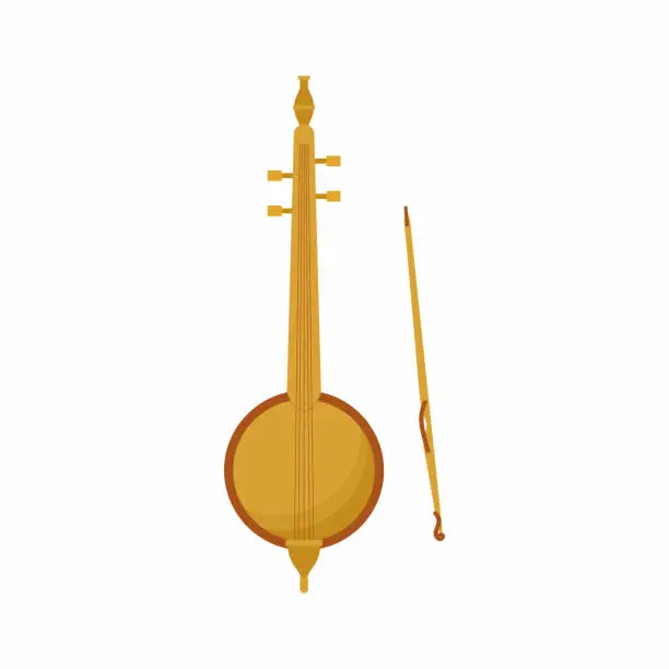 Vector illustration of Vector icon of Arabic musical instrument called rebab. Traditional musical percussion. The name of several related bowed string instruments. Moroccan music, string instrument, folk instrument.