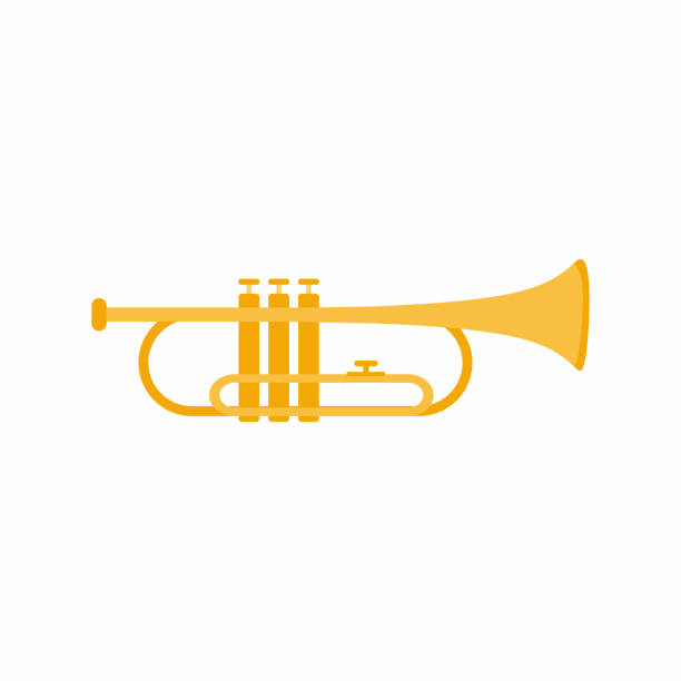 トランペット楽器。クラシックジャズ楽器。漫画のデザインを持つ金管楽器のコンセプト。白い背景に分離されたフラットスタイルの黄金のアイコン。ベクトルの図 - trumpet musical instrument jazz brass instrument点のイラスト素材／クリップアート素材／マンガ素材／アイコン素材
