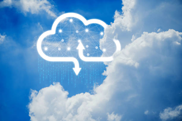 Cloud icons and effects in the clear sky. Downloading and uploading data. Storage technology concept.