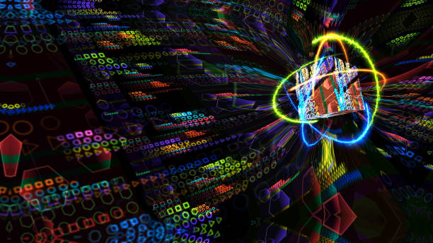 istock quantum light blue core and futuristic computer with infinity of orange fire green nature and blue thunder energy atom 1310047719
