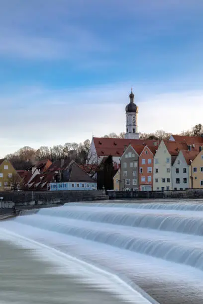 Dawn at the weir at river Lech in Landsberg, Bavaria, Germany