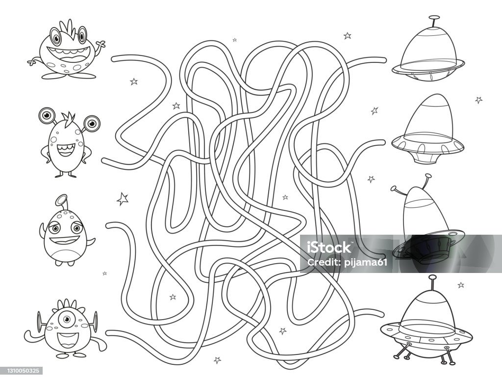 Black And White, Maze game for kids. Help the aliens find the right way to the UFO Vector Black And White, Maze game for kids. Help the aliens find the right way to the UFO Maze stock vector