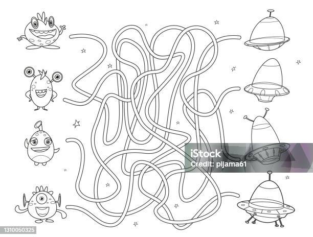 Black And White Maze Game For Kids Help The Aliens Find The Right Way To The Ufo Stock Illustration - Download Image Now