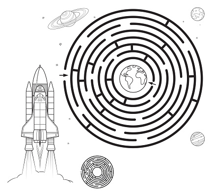 Vector Black And White, Space maze puzzle or Labyrinth game for kids. Coloring page with Tangled road. Coloring book for kids