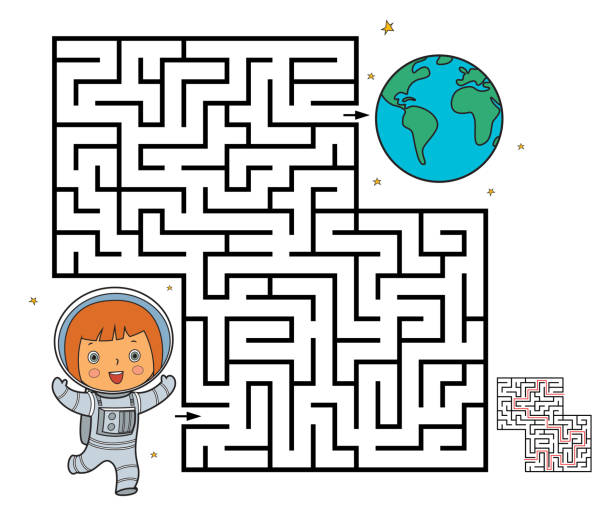 лабиринт игры для детей. помогите астронавту добраться до земли - maze searching simplicity concepts stock illustrations