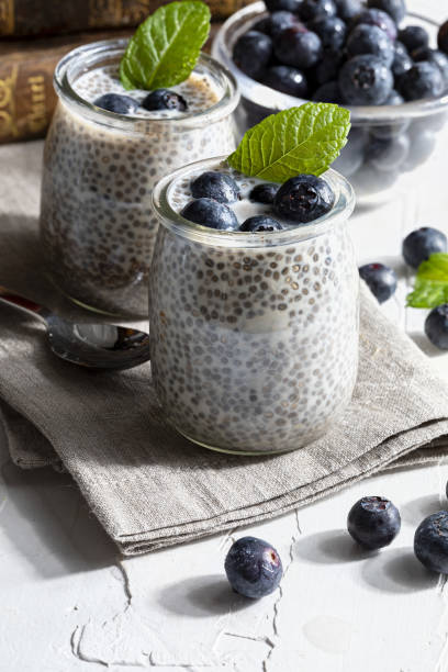 istock Appetizing, healthy and refreshing chia seed pudding with fresh blueberries and mint leaves. Vegetarian and vegan food with healthy superfoods. Homemade look. 1310051293