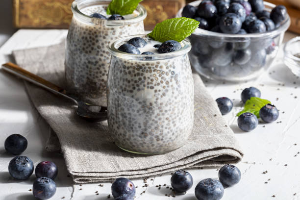 istock Appetizing, healthy and refreshing chia seed pudding with fresh blueberries and mint leaves. Vegetarian and vegan food with healthy superfoods. Homemade look. 1310051334