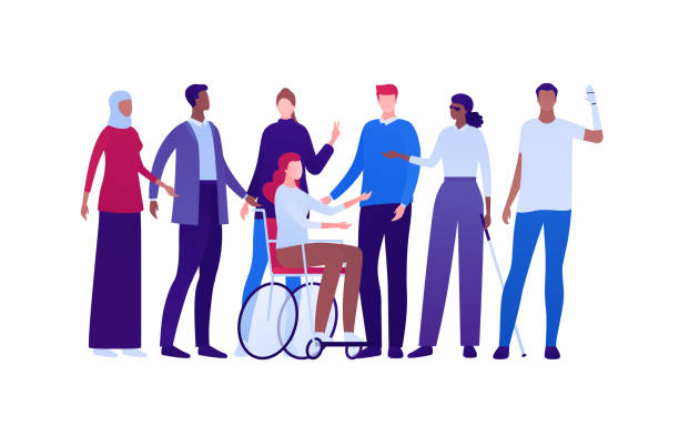 Inclusion and diversity concept. Vector flat people character illustration. Multicultural and multinational happy male and female crowd. Blind with stick, woman in wheelchair, man with prosthetic arm. Inclusion and diversity concept. Vector flat people character illustration. Multicultural and multinational happy male and female crowd. Blind with stick, woman in wheelchair, man with prosthetic arm. disabled adult stock illustrations