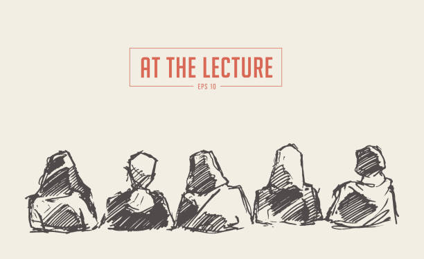 illustrazioni stock, clip art, cartoni animati e icone di tendenza di persone sedute pubblico lecture hall tracciato vettoriale - lecture hall university seminar silhouette
