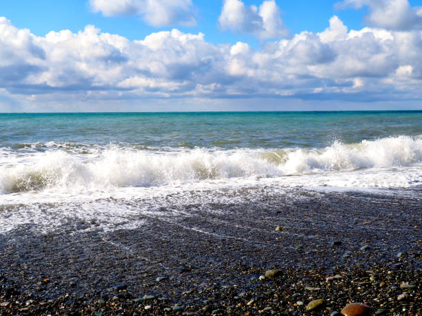 istock Summer seascape, sea and waves, clear blue sky, stone beach 1310056630